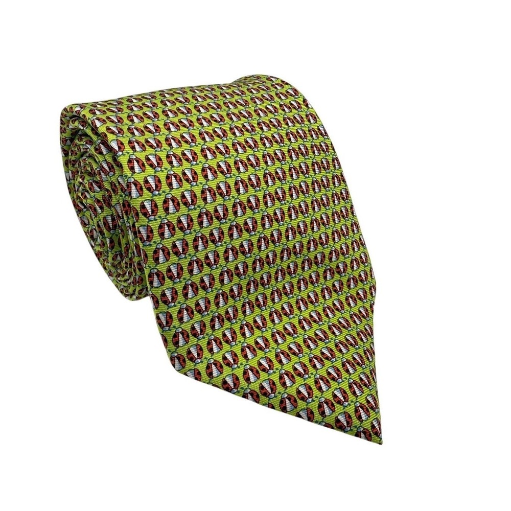 Brooks Brothers Mens Silk Tie Green Ladybug AOP‎ Insect Animal Print Made in USA